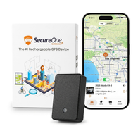 SecureOne GPS device packaging with a black device, smartphone displaying a map, and SecureOne logo.
